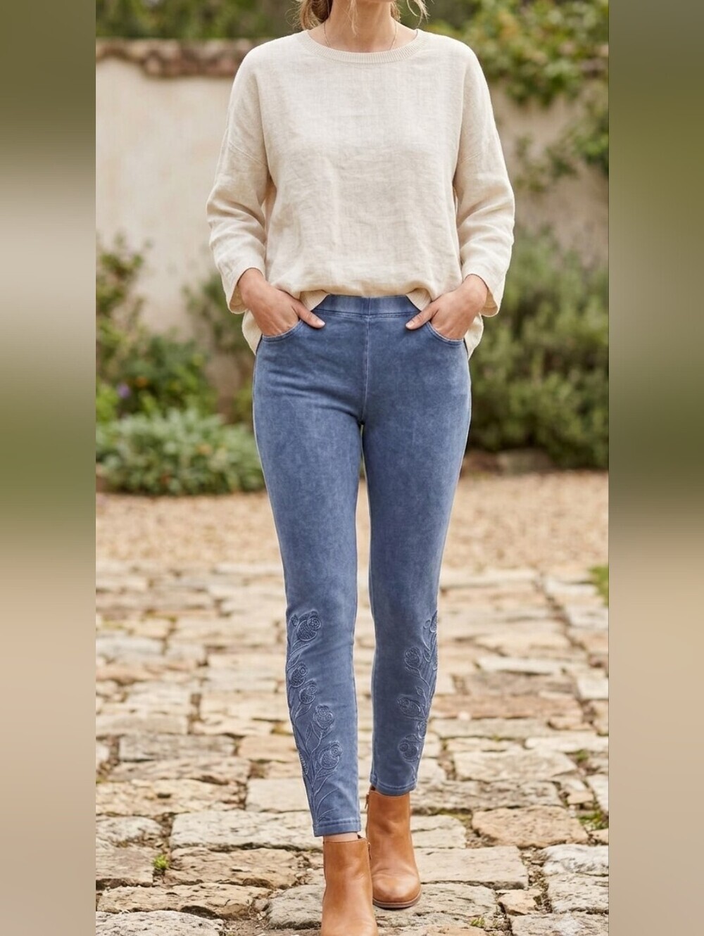 Soft Knit Denim Light Blue Pull-On Leggings with Floral Embroidery